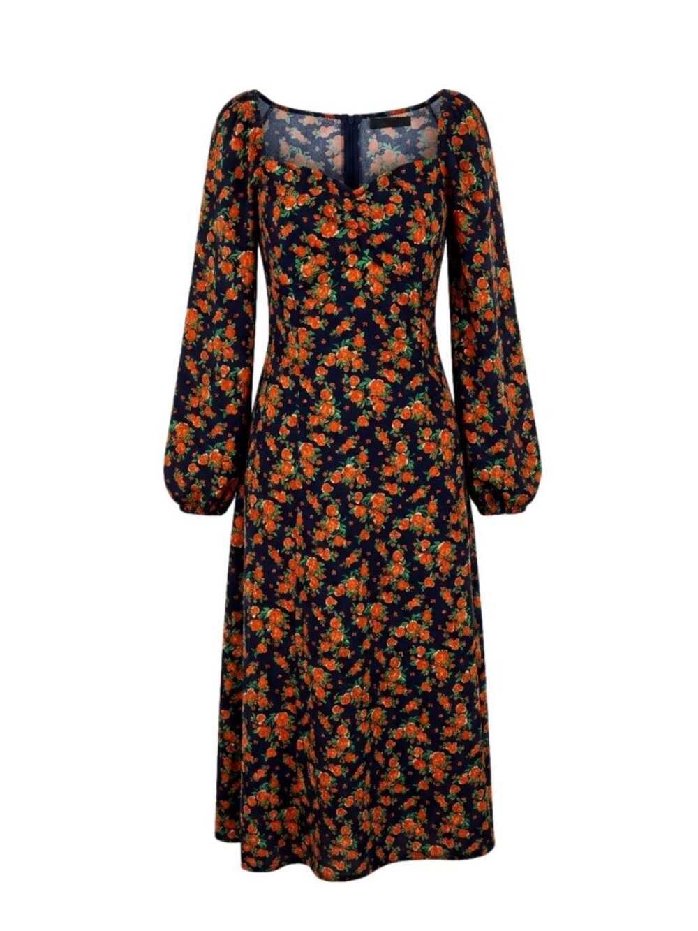 Missguided Milkmaid Floral Midi Dress Size 10 Navy Red Sweetheart Puff Sleeve